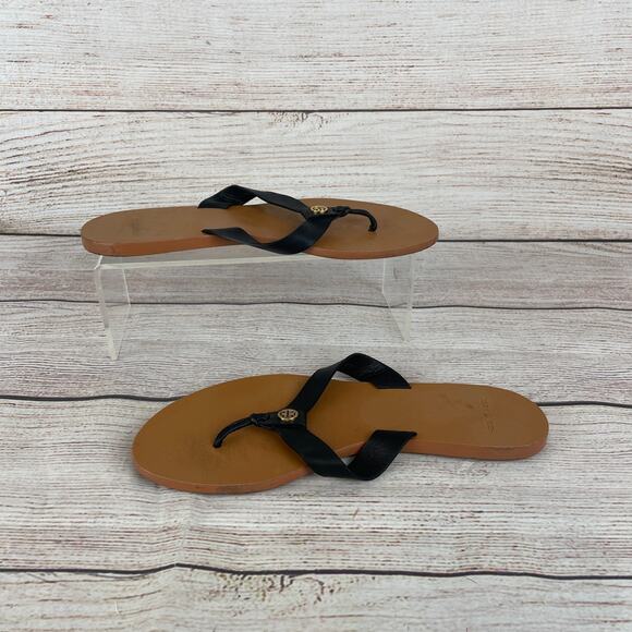 Tory Burch Manon Womens Sz 6.5 Thong Sandals Black Leather - Picture 2 of 9